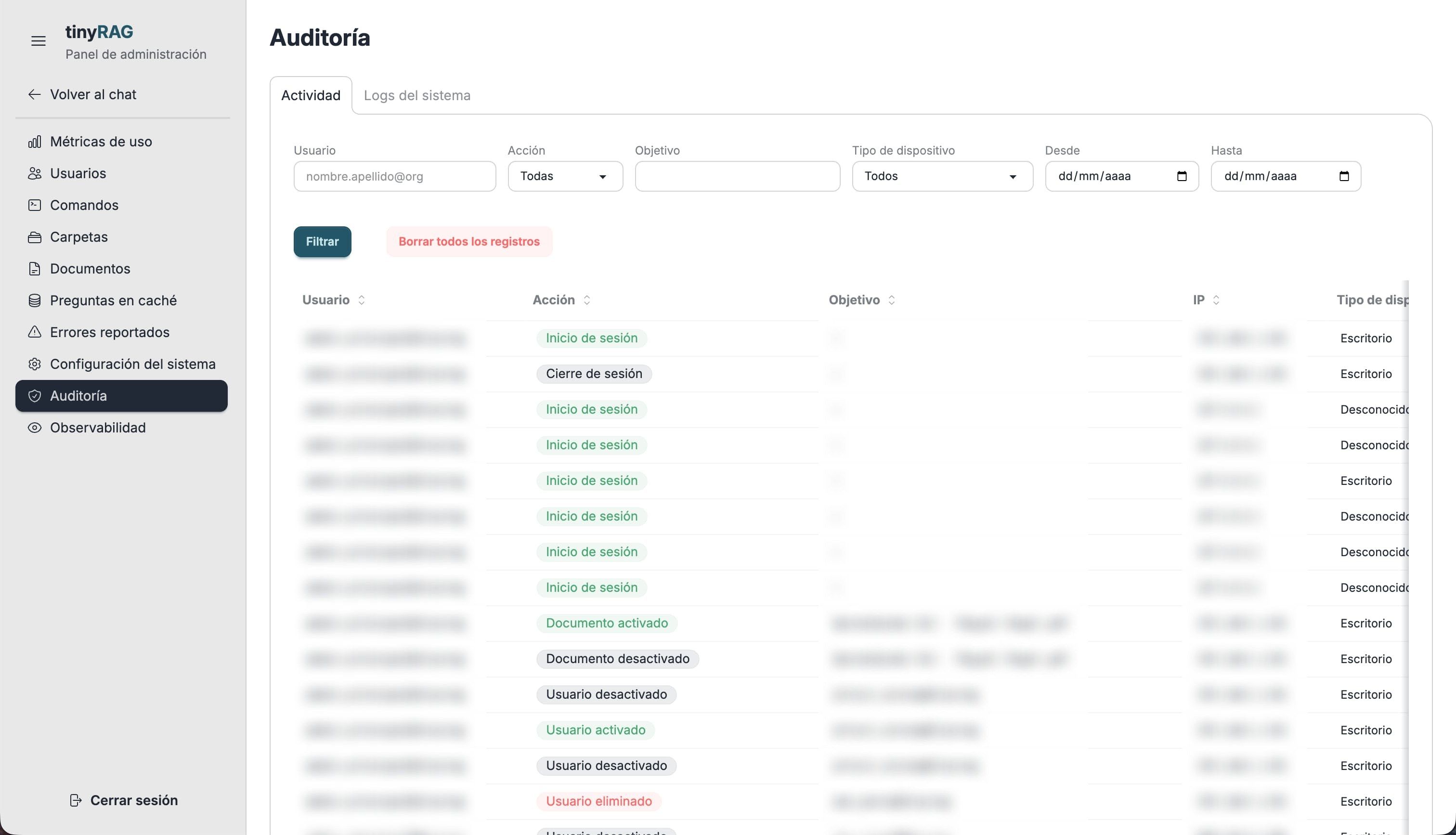 Registro de auditoría de tinyRAG con inicios de sesión y cambios en documentos y usuarios